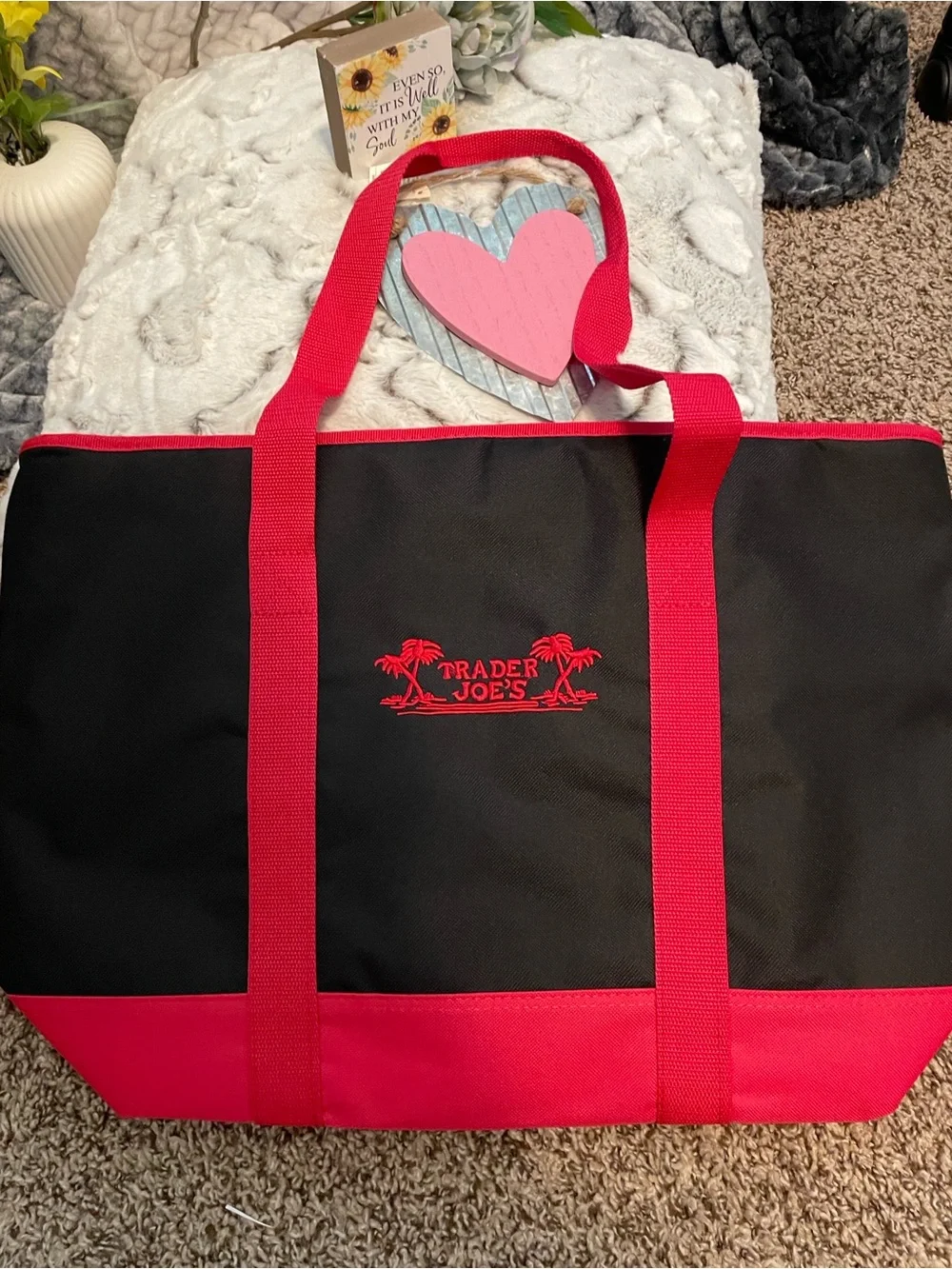 ♥️ Trader Joe's Black Red Insulated Large Cooler Tote Reusable Shopping Bag